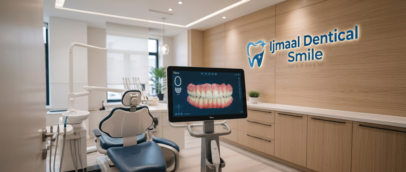عيادة أسنان حديثة مع جهاز iTero وشعار Ijmaal Dentical Smile على الحائط